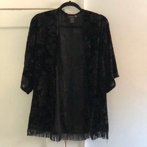 Black velvet skull floral kimono with fringe